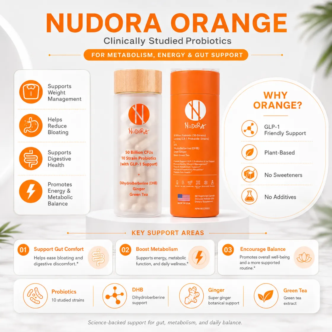 Nudora Orange overview — clinically studied probiotics for metabolism, energy and gut support, with key benefits and ingredients